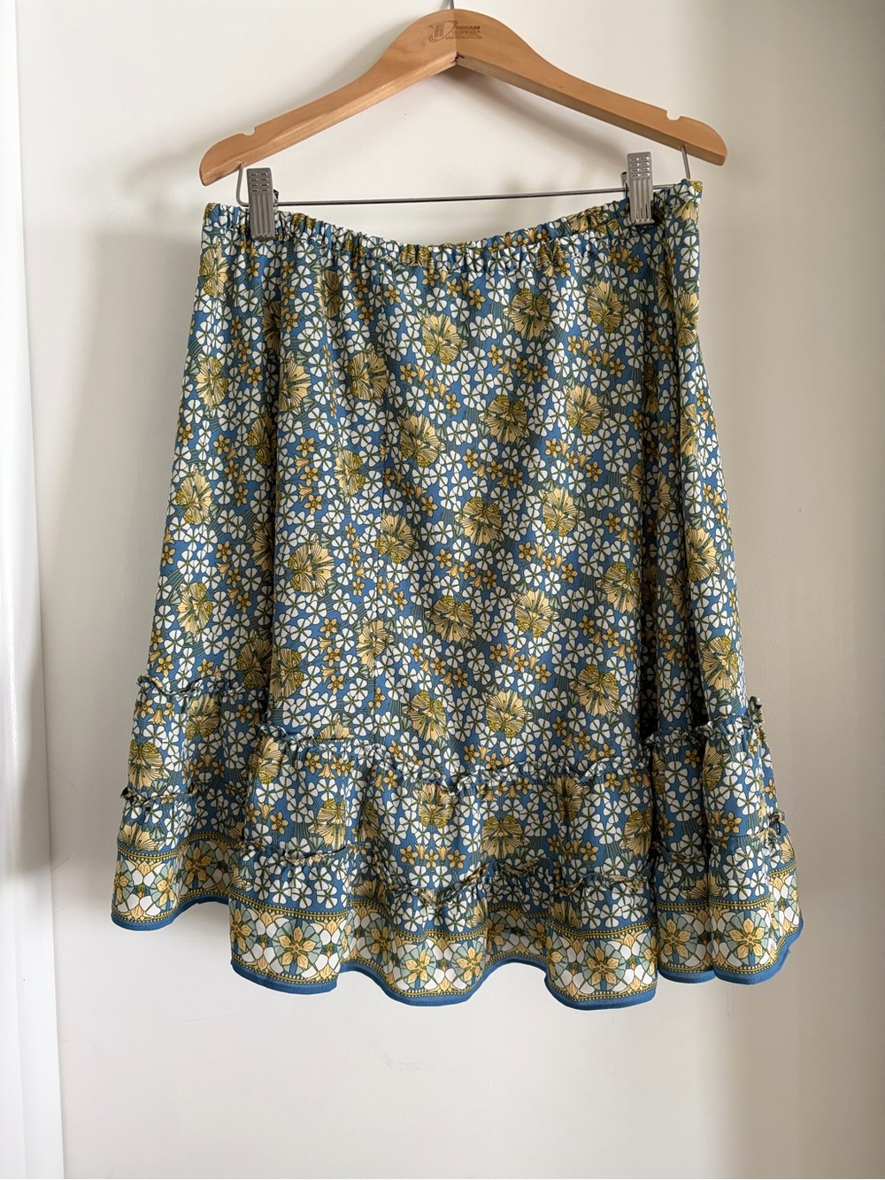 Max Studio Blue Floral Tiered Skirt with Yellow Accents